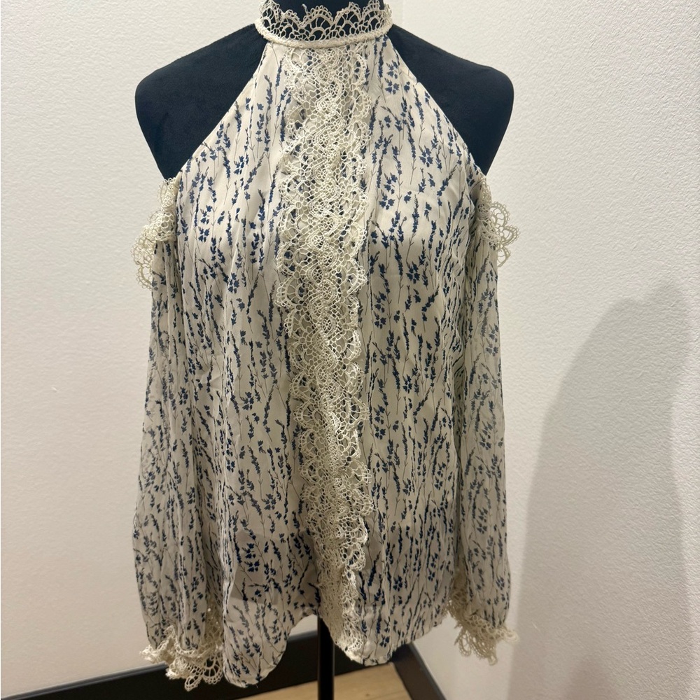 Sugar Lips XS Floral Lace Cold Shoulder Halter Blouse